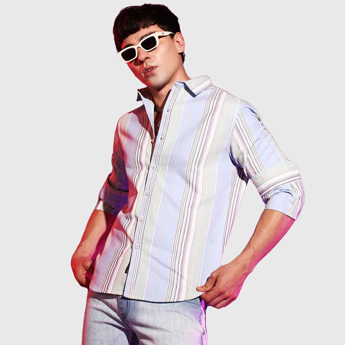 Campus Sutra Men's Striped Cotton Shirt | Light Blue - M