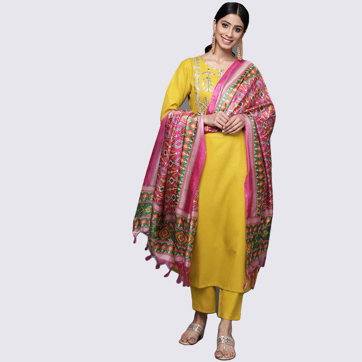 Varanga Women's Yellow Yoke Design Kurta with Trousers and Dupatta Set | Mustard - M