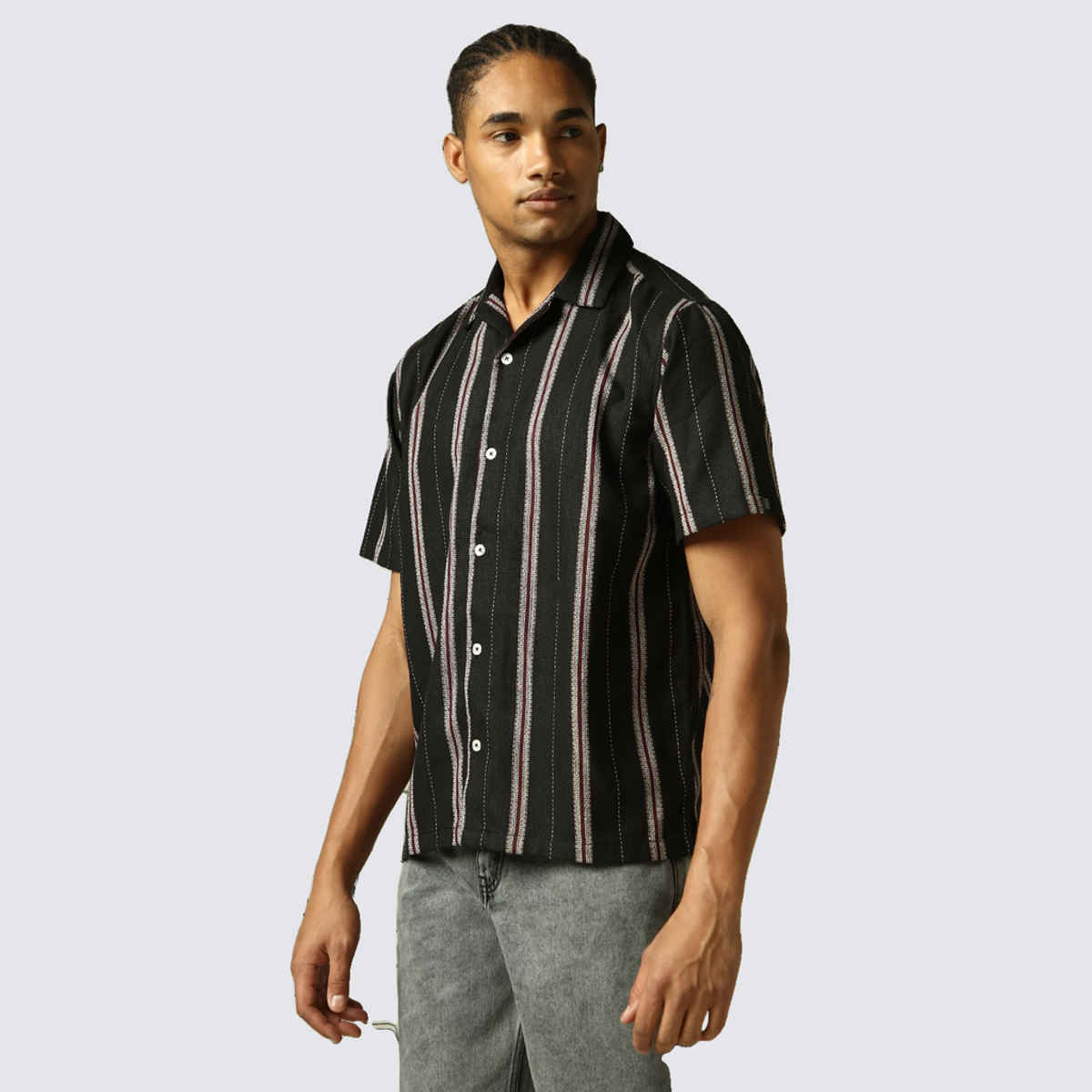 Hubberholme Men's Spread Collar Vertical Striped Cotton Oversized Textured Shirt | Black - 44