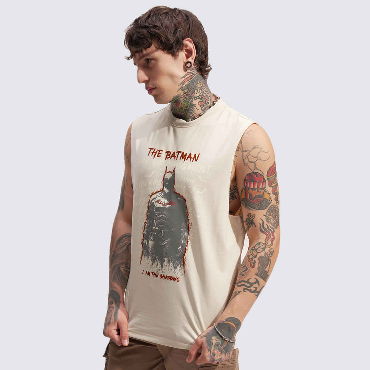 Highlander Men's Warner Bros Batman Relaxed Fit Tank T-shirt | Cream - L