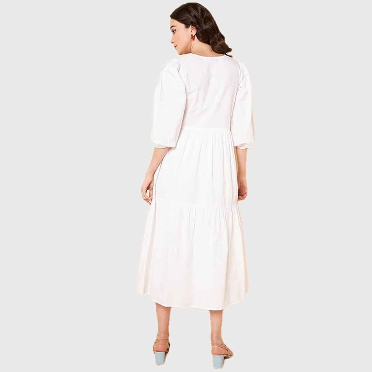 High Star Women's Puff Sleeves Tiered Pure Cotton Fit & Flare Midi Dress | White - M
