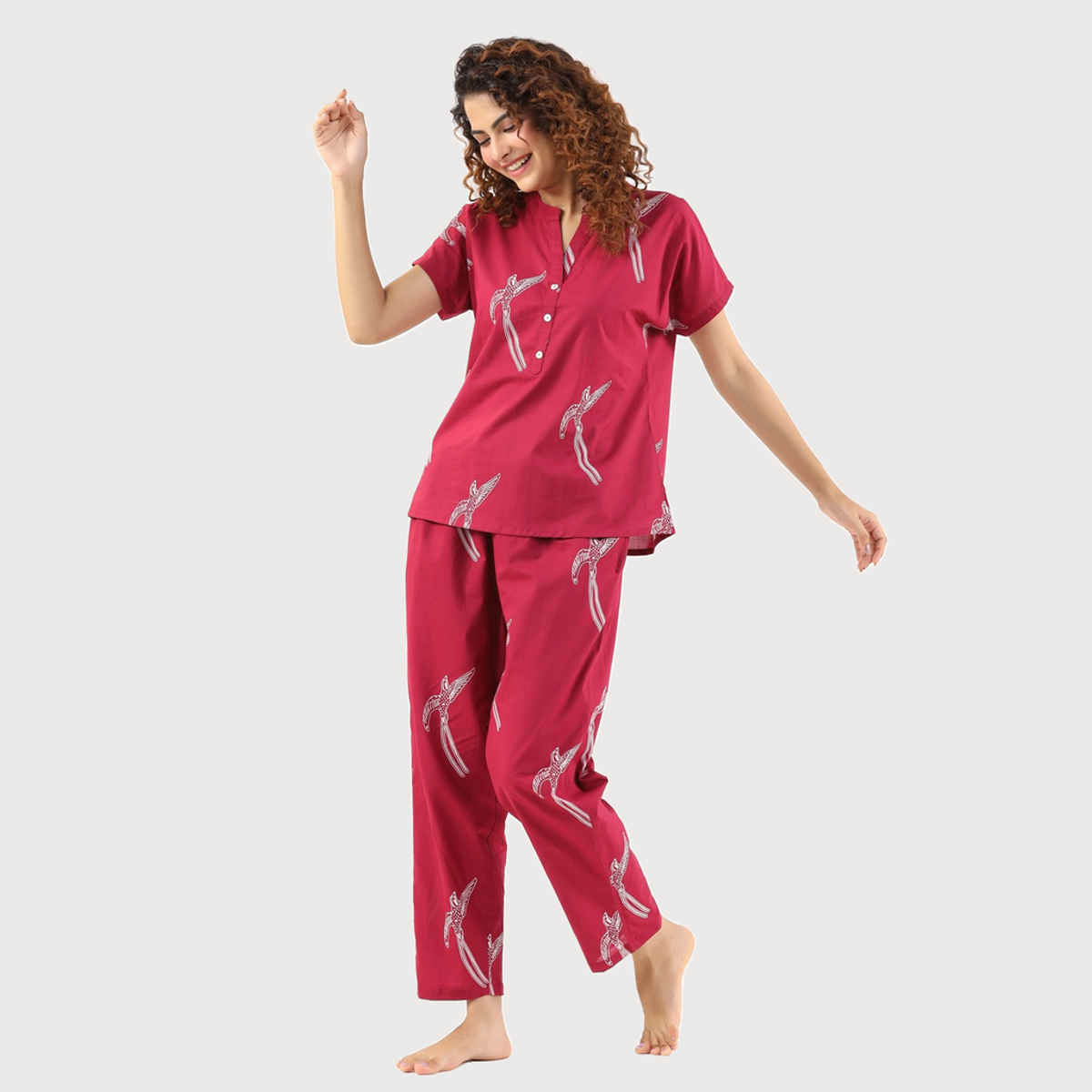 Sanskrutihomes Conversational Printed Mandarin Collar Pure Cotton Night Suit | Magenta - S
