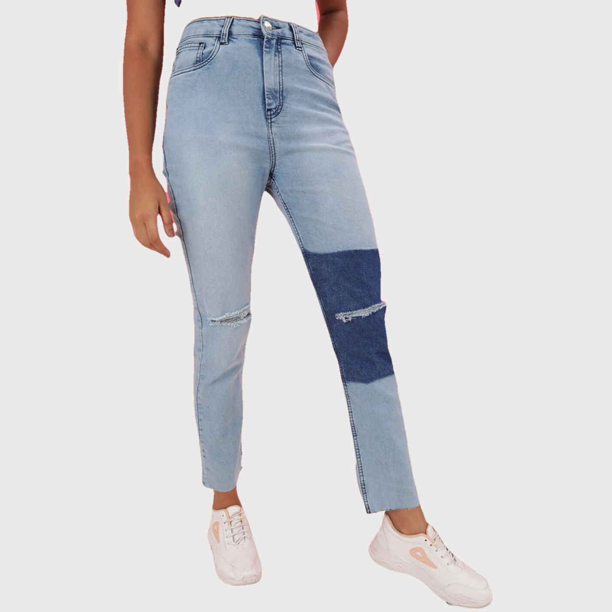 Freehand Women's Colour Block Patch Straight Fit Denim Jeans | Blue - 28