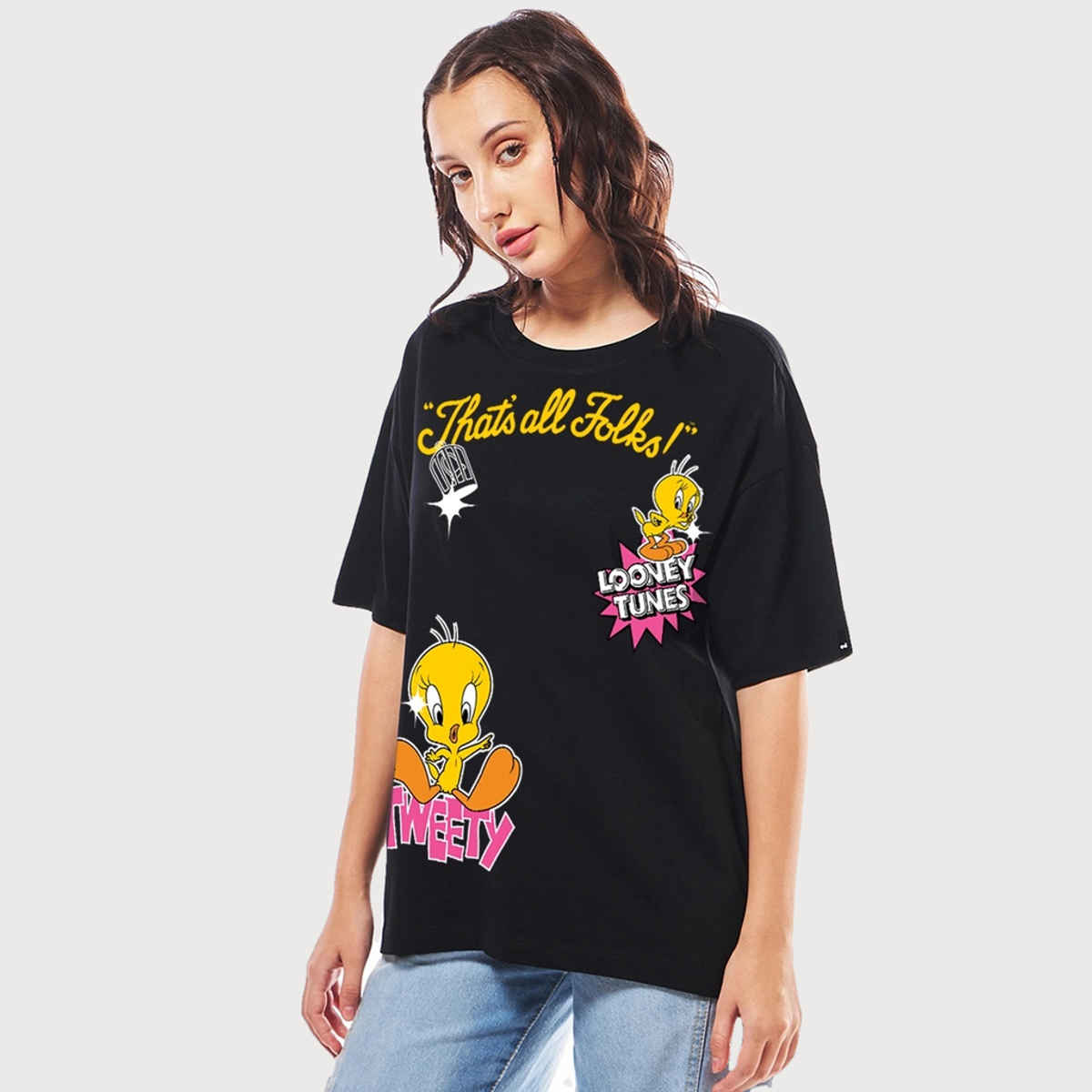 Bewakoof Women's Official Looney Tunes Cutie Graphic Printed Oversized T-shirt | Black - S