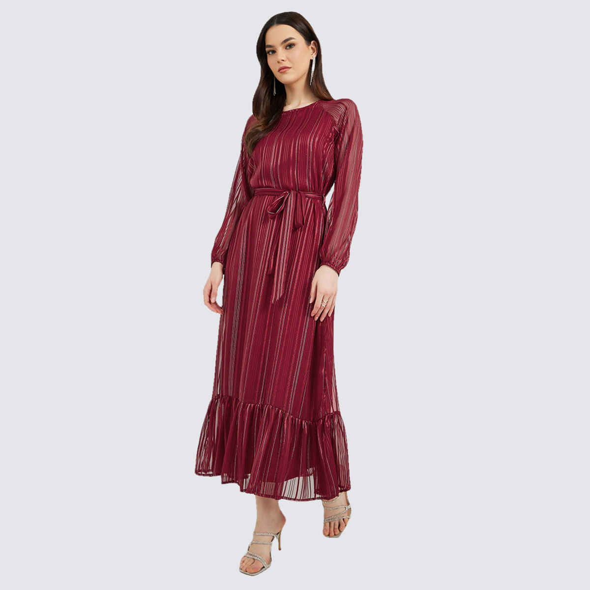 Styli Women's Party Wear Round Neck Striped Long Sleeves Wrap Maxi Dress | Burgundy - XL