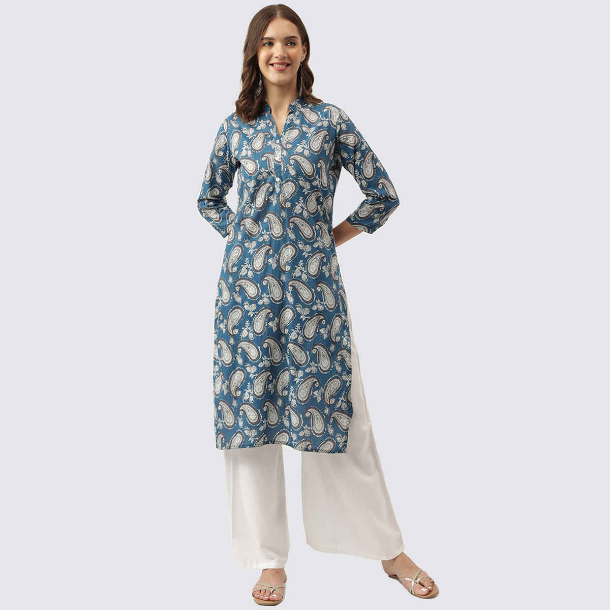 Divena Women's Print Straight Fit Cotton Kurta | DK0940 5 | Blue - M
