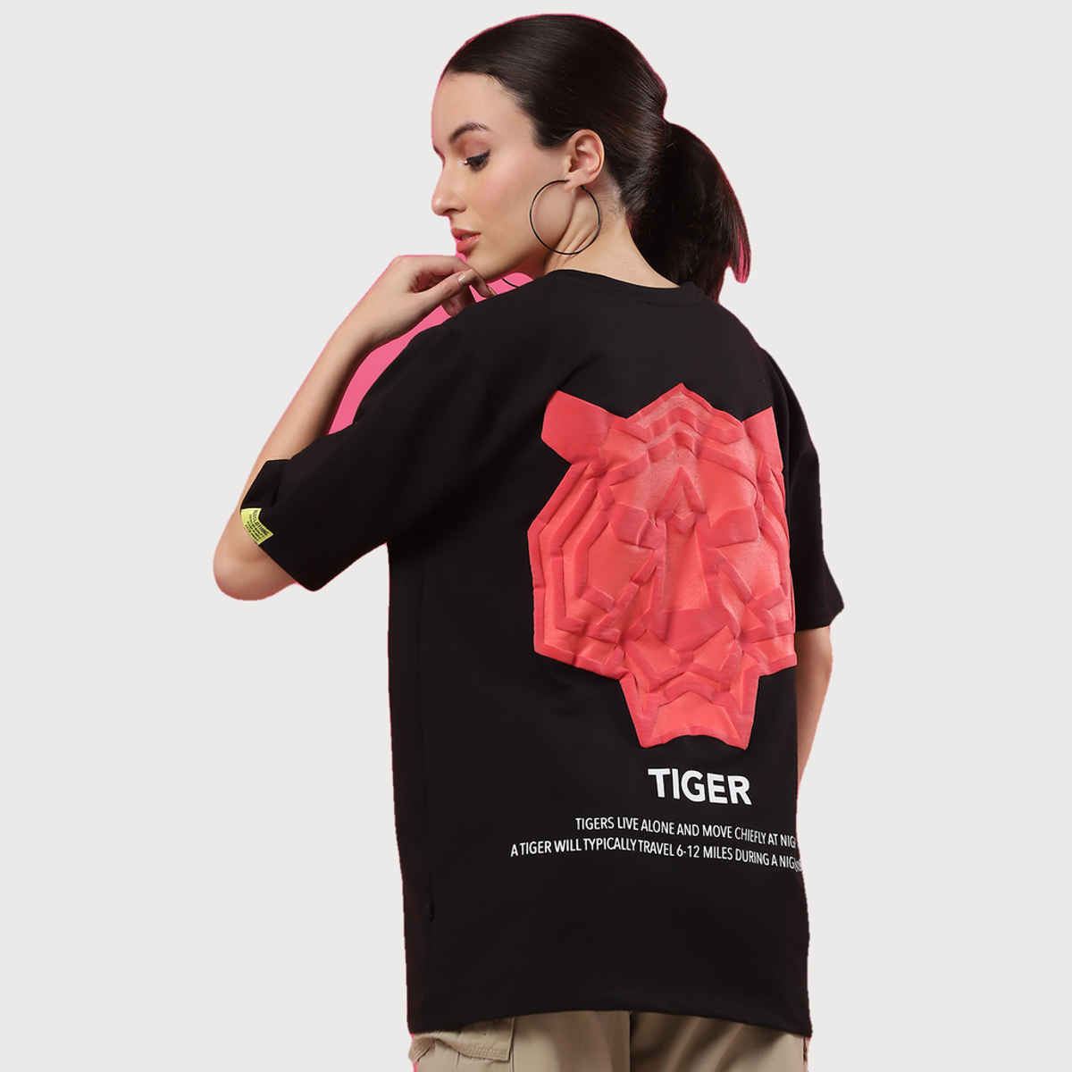 Rigo Women Terry Oversized Back Tiger Printed T-shirt | Black - L