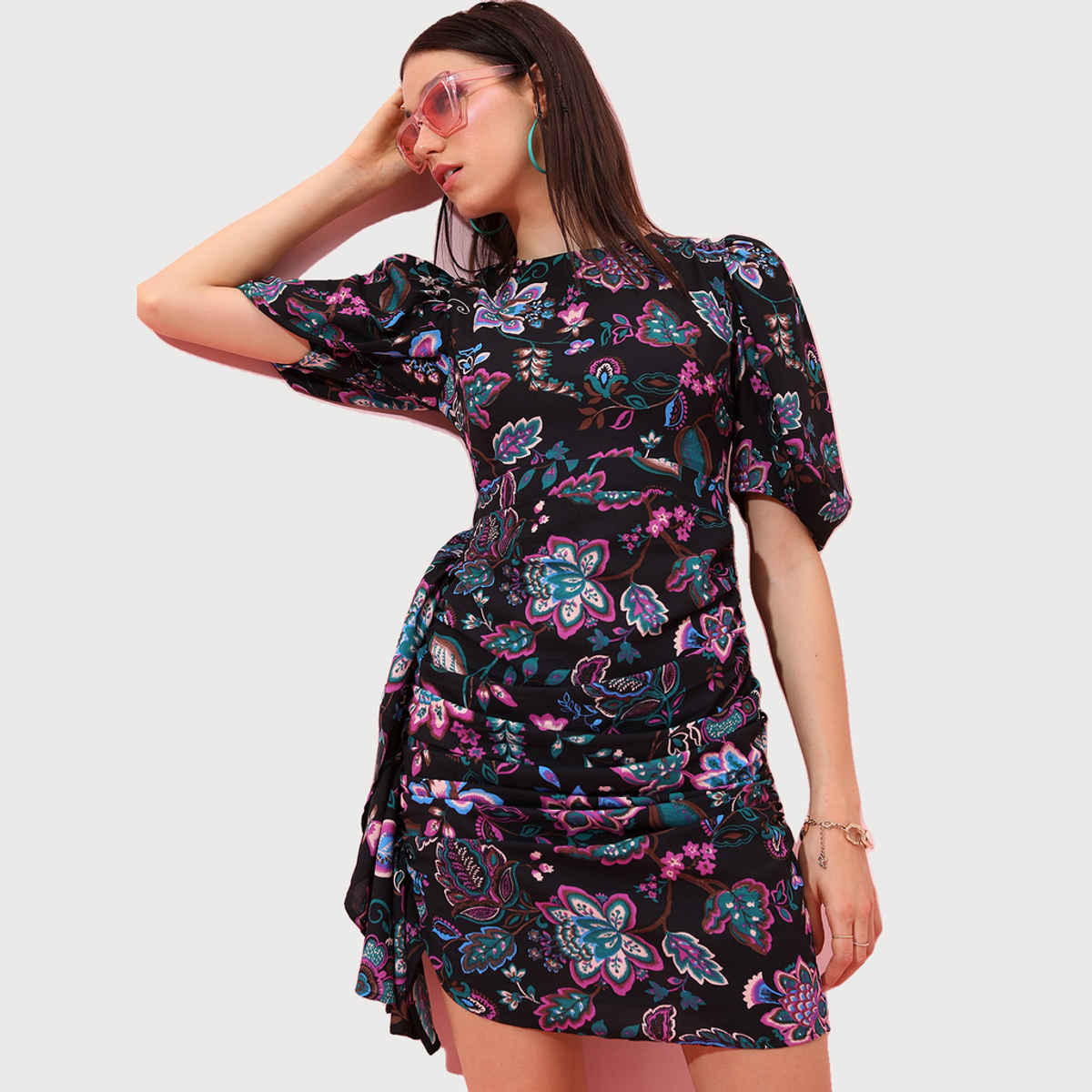 Tokyo Talkies Women's Floral Printed Sheath Mini Dress | Black - S