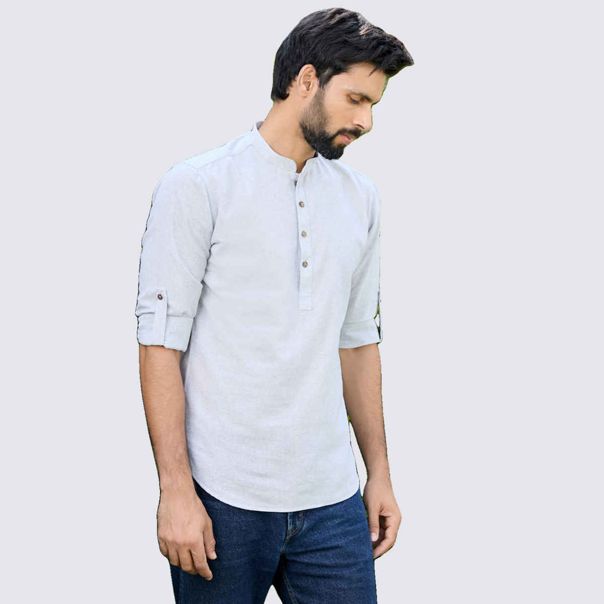 See Designs Men's Pure Cotton Short Kurta | Light Grey - XL