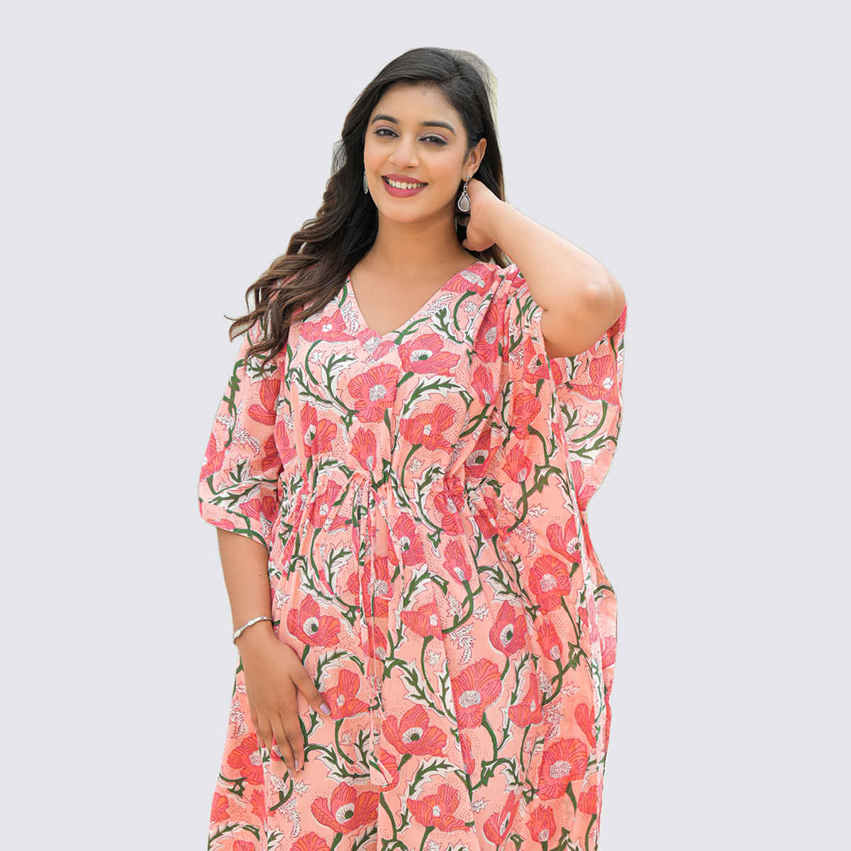 Divena Women's Floral Cotton Kaftan Dress | DK2227 | Pink - L