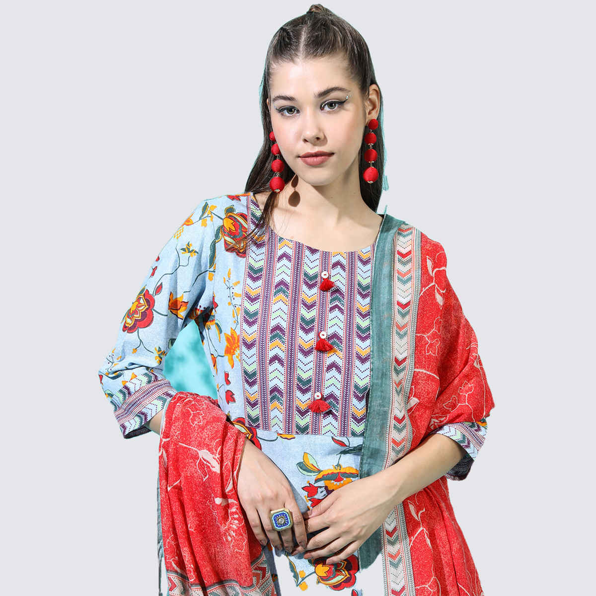 Vishudh Women's Floral Pure Cotton Kurta With Trouser & Dupatta | VNK3003691 | Blue - S