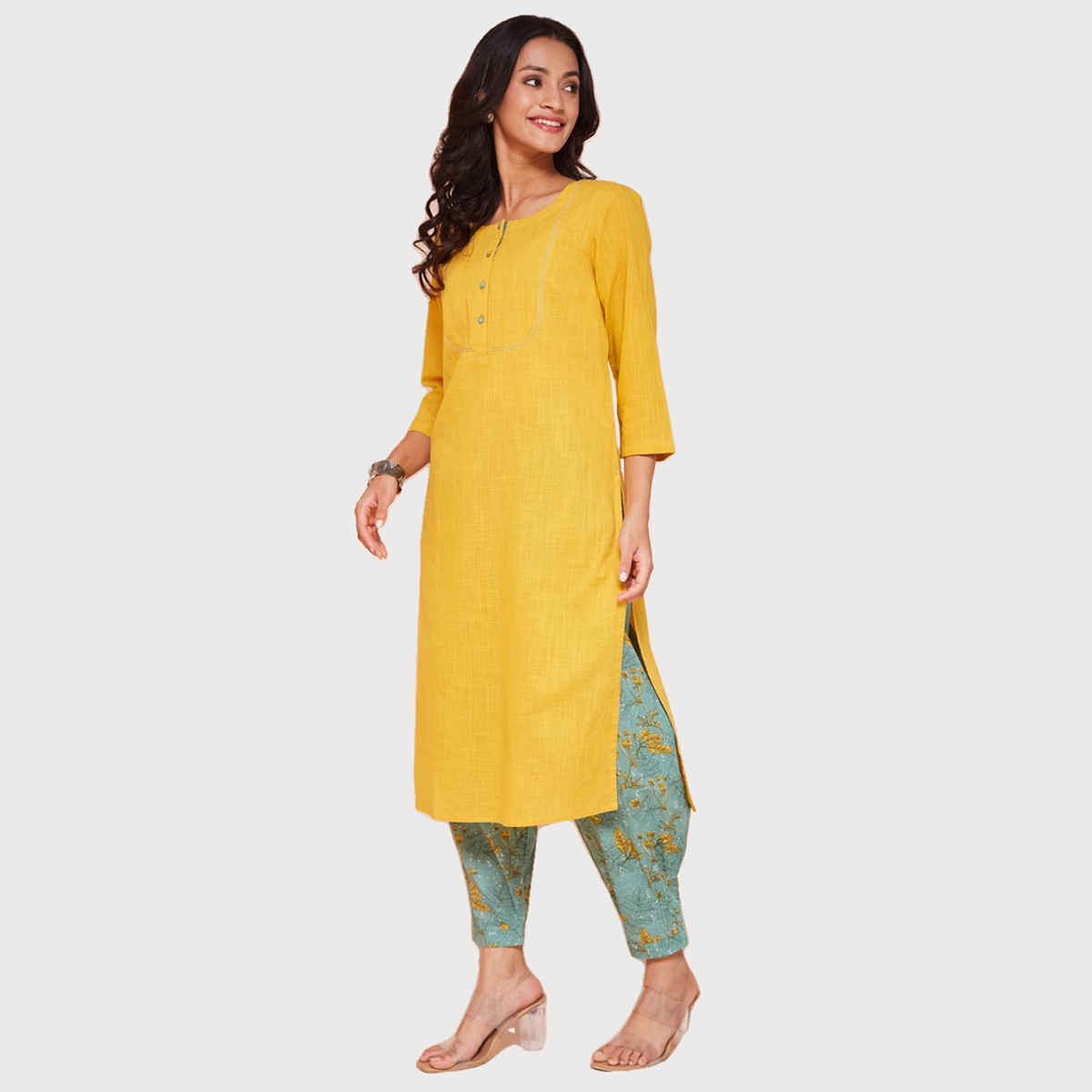 Fabindia Women's Kurta & Salwar Set Cotton Regular Fit | Yellow - M