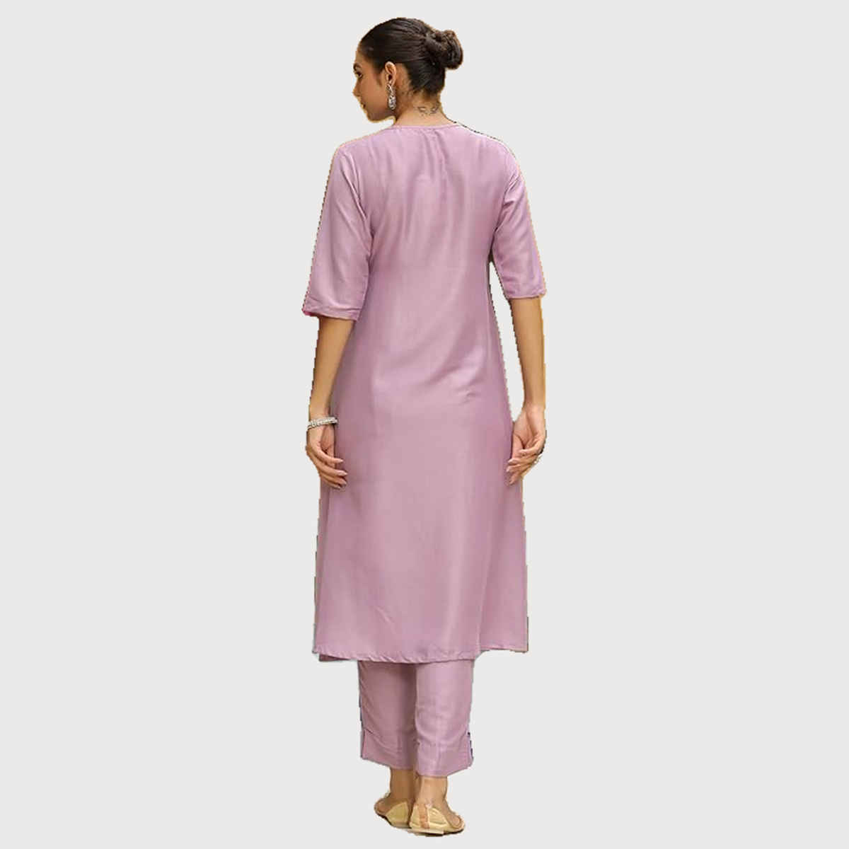 Janasya Women's Lavender Silk Blend Solid Wrap Kurta Set | XL