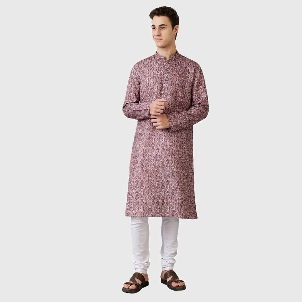 Ethnix by Raymond Men Regular Fit Poly Viscose Blend Full Sleeve Stand Collar Kurta | Purple - 2XL