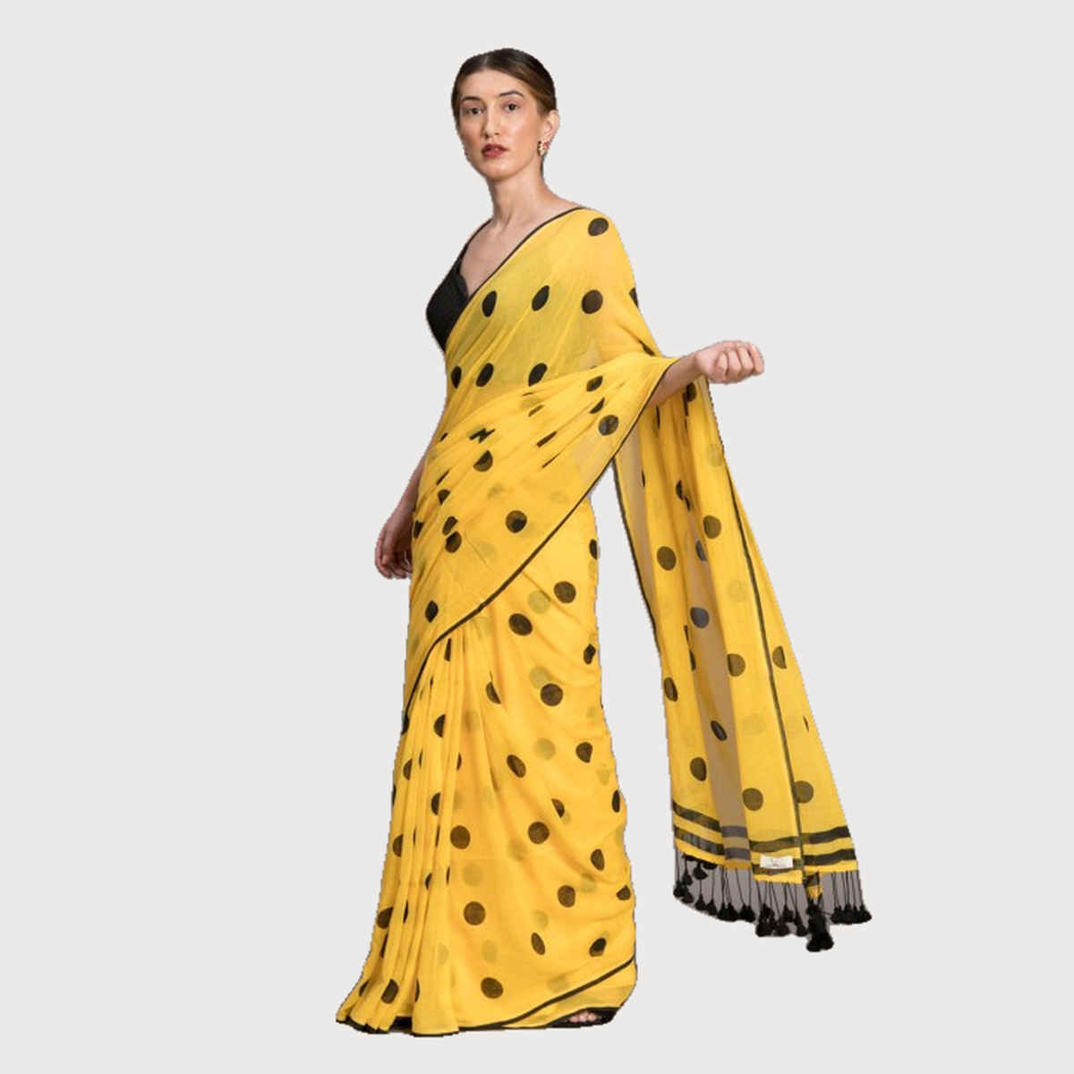 Suta Yellow and Black Polka Printed Pure Cotton Saree
