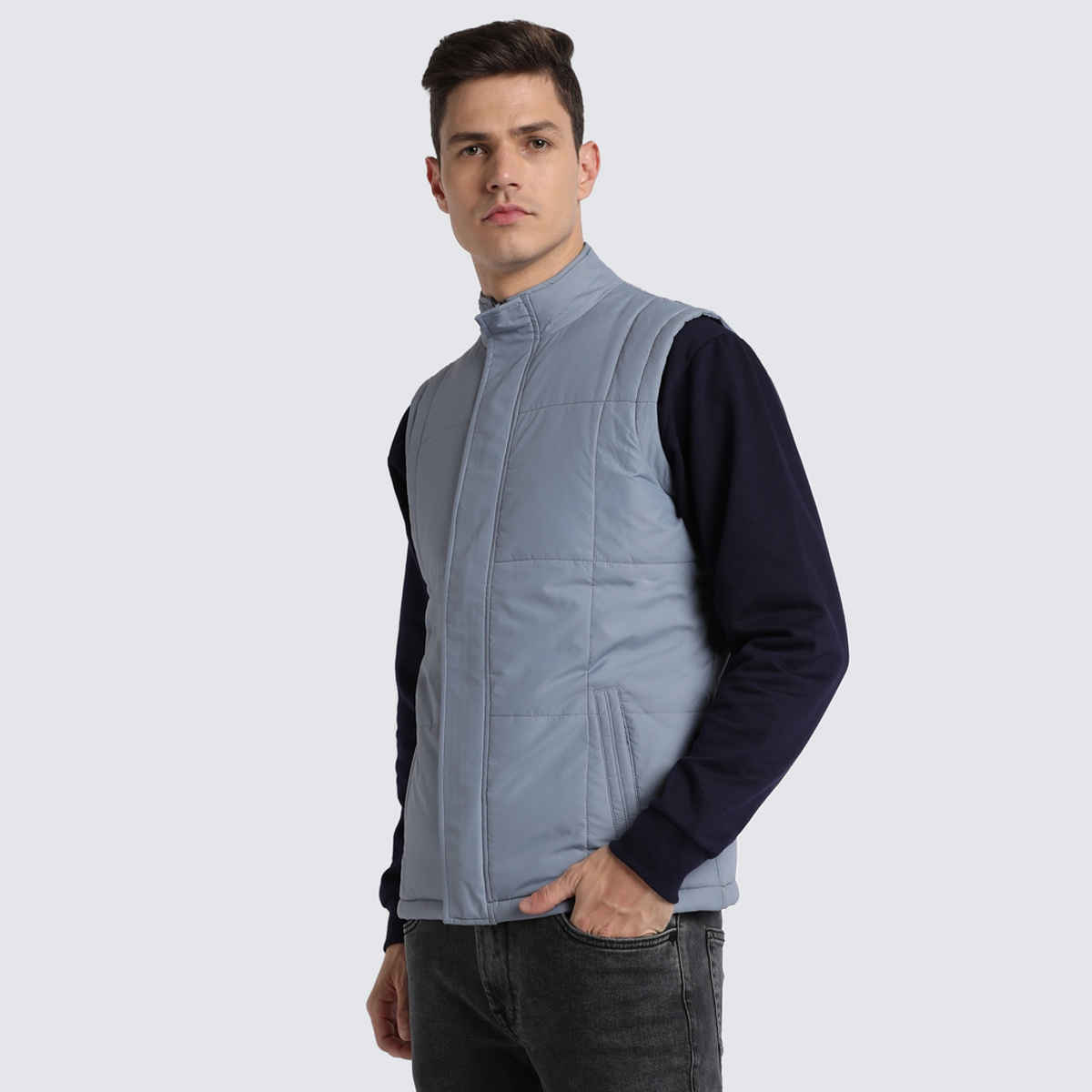 Dennis Lingo Men's High Neck Regular Fit Solid Blue Jacket | Dlmjkw23014 - Bl | S