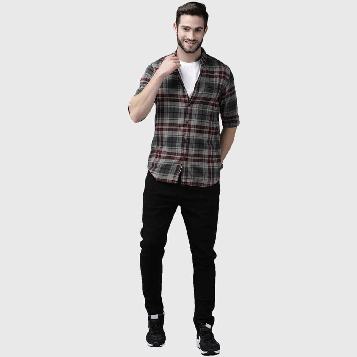 The Bear House Men Slim Fit Checked Cotton Casual Shirt - Kamet | Grey | L