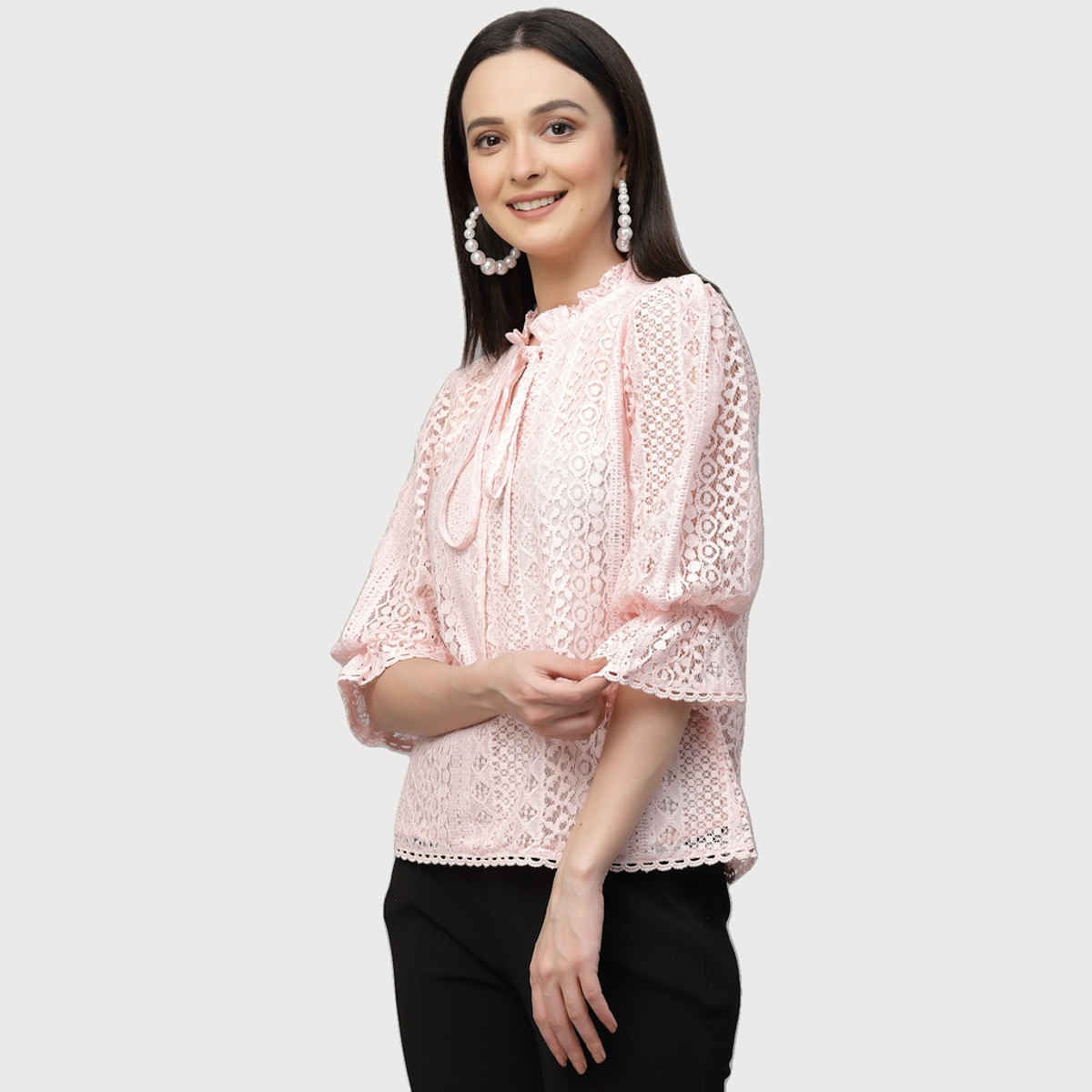 Style Quotient Women Peach Self Design Lace Regular Smart Casual Top | XL | SS23SQSIKKIM - Peach