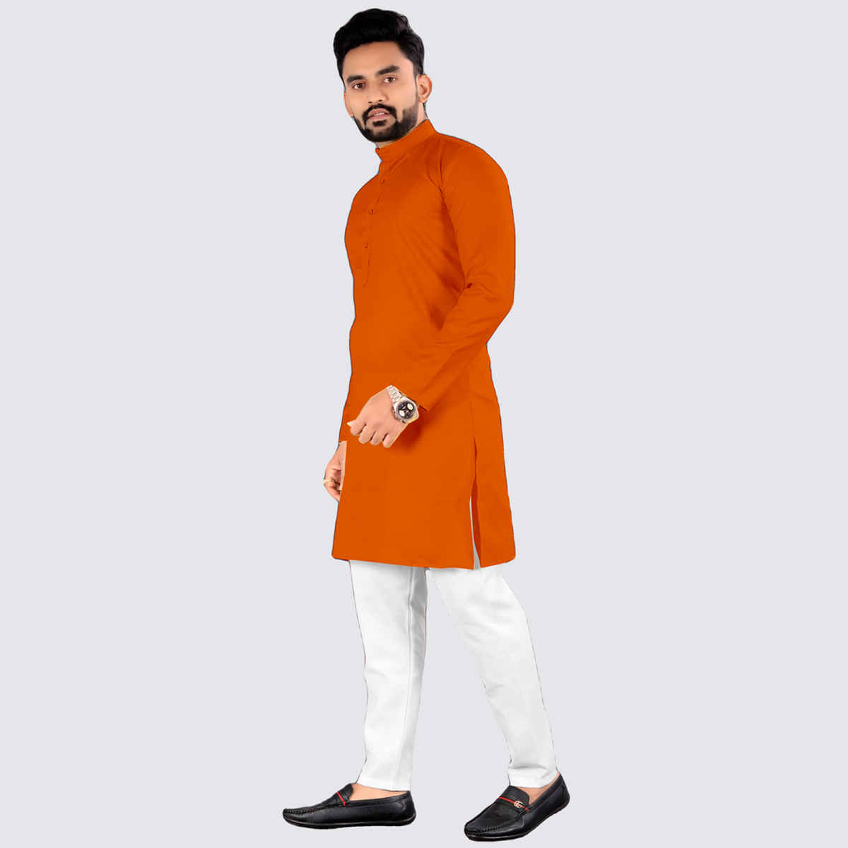 Freluro Men's Solid Cotton Blend Straight Kurta | Orange - M