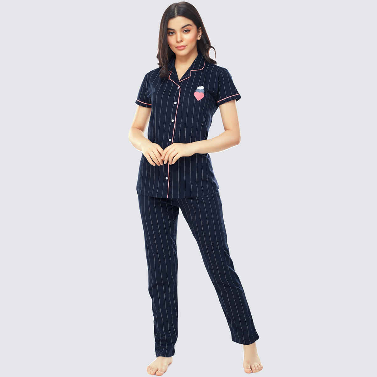 Zeyo Women's Cotton Strip Printed Navy Blue Night Suit Set of Shirt & Pyjama | 5261-XXL