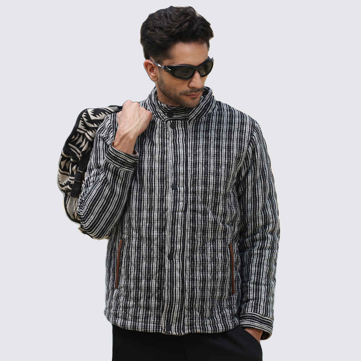 Campus Sutra Men's Multitrack Striped Quilted Jacket | Carbon Black & Chalk White - S