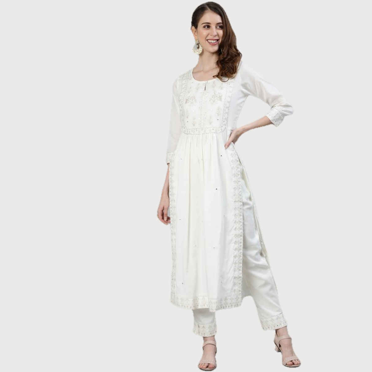 Ishin Women's Kurta Set Ethnic Motifs Embroidered Pure Cotton with Trousers | Off White - M