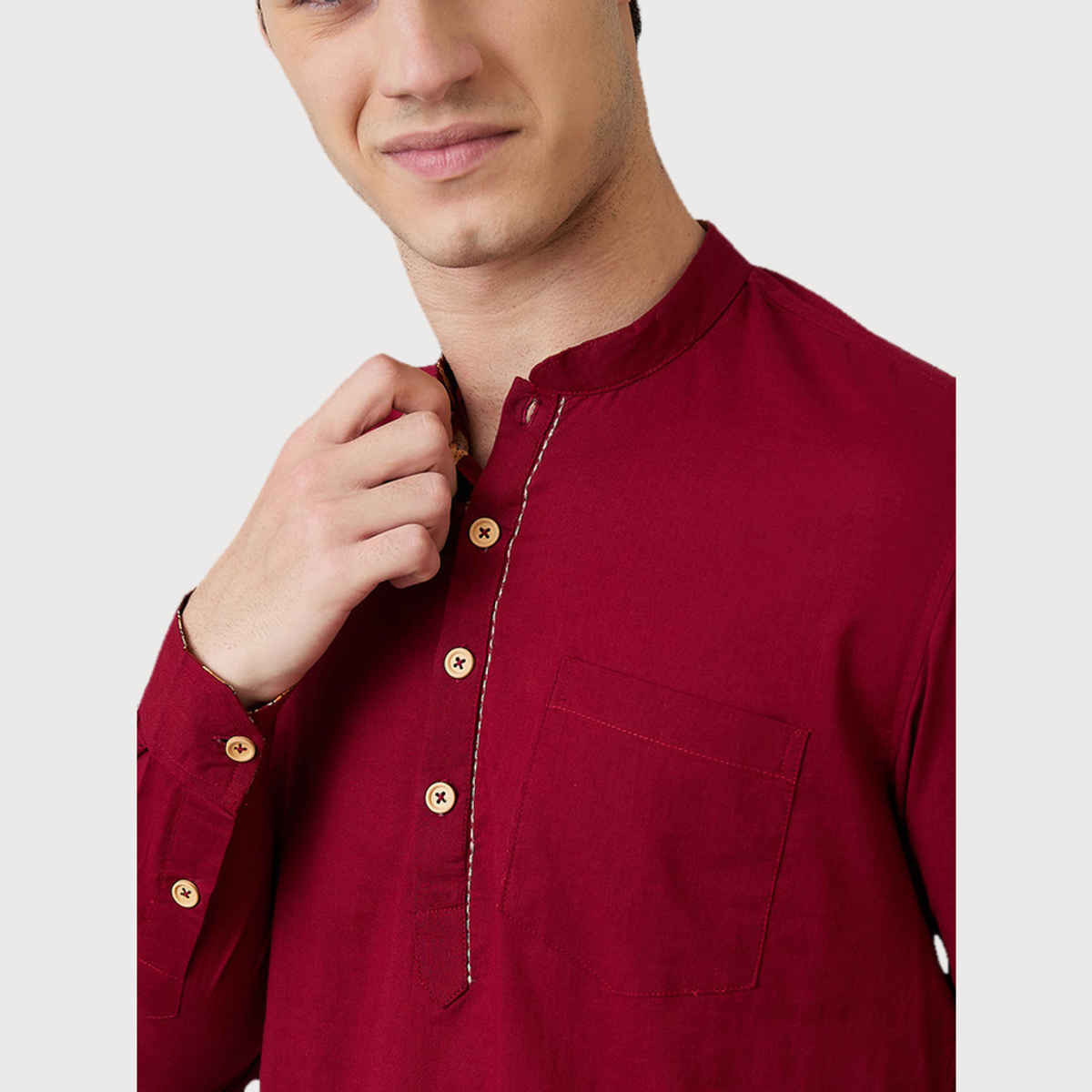 Ethnix by Raymond Men's Fit Pure Cotton Full Sleeve Folded Collar Short Kurta | Dark Red - L