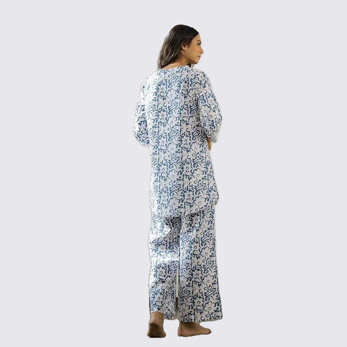 Sanskrutihomes Shirt Collar Pure Cotton Night Suit | Blue - S
