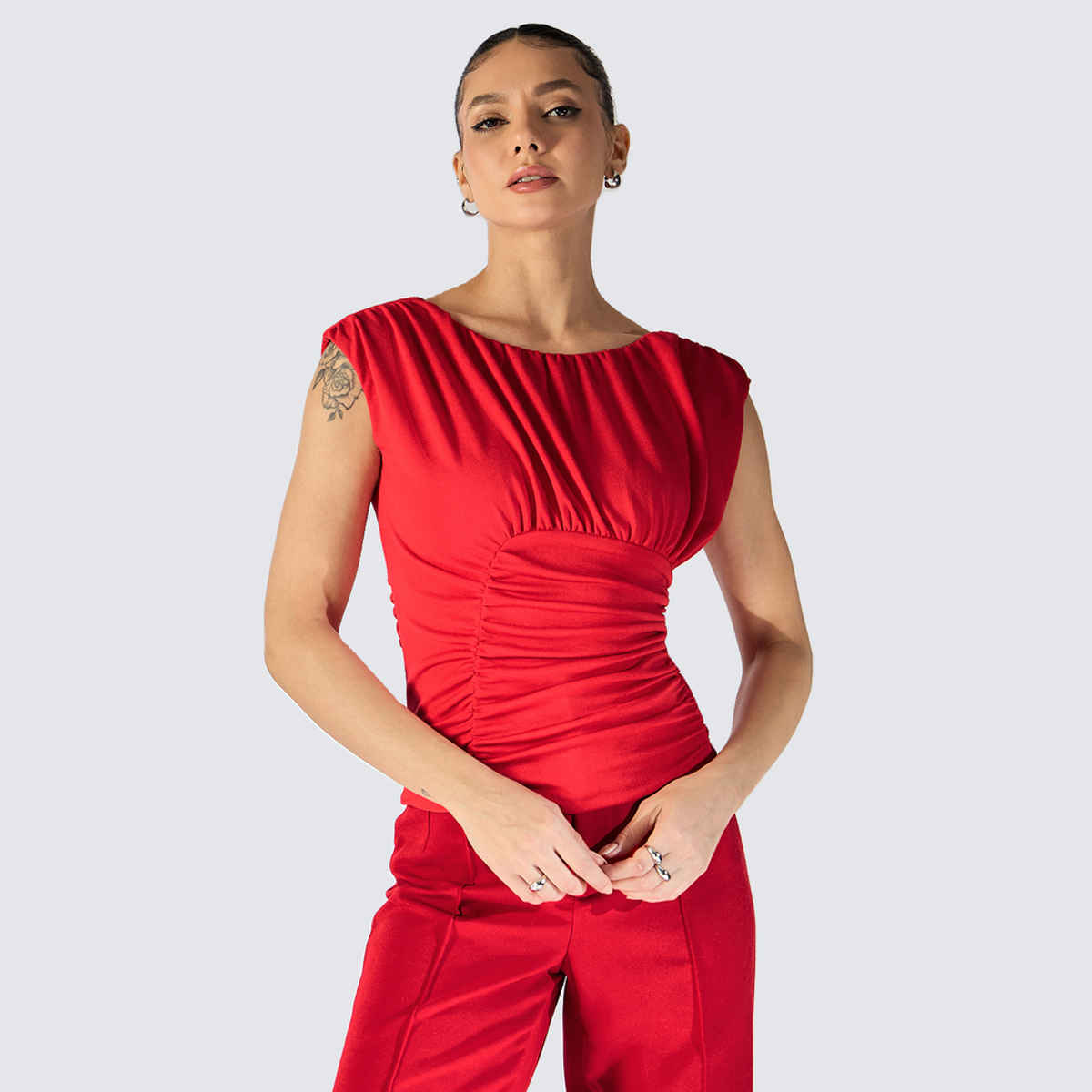 Uptownie Women's Backless Gather Detailed Boat Neck Top | Red - L