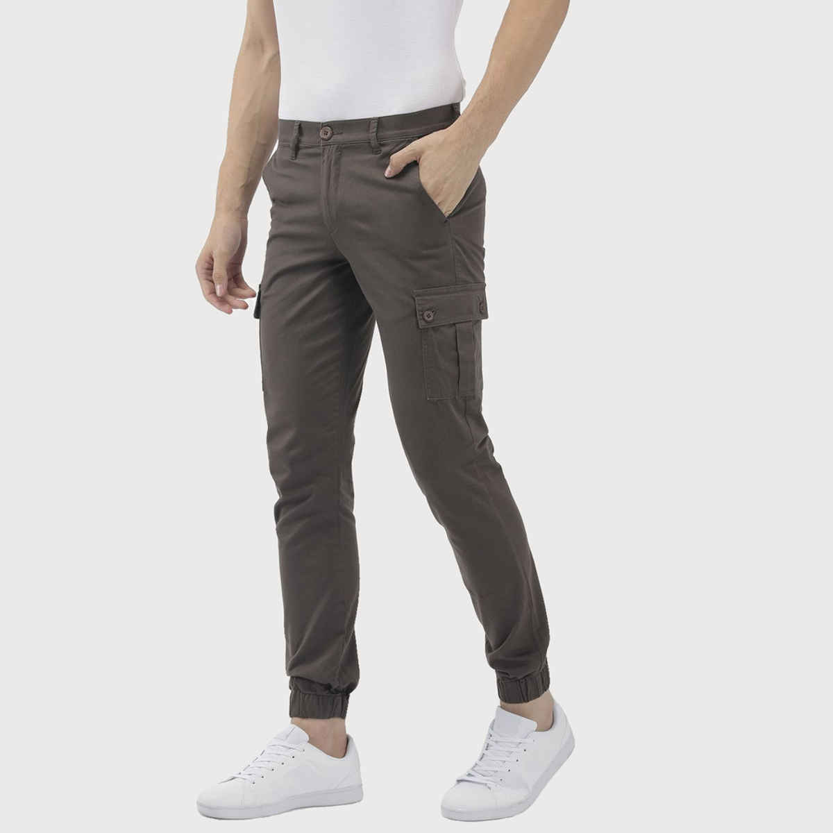The Indian Garage Co Men's Slim Fit Solid Casual Cargo | Grey - 36