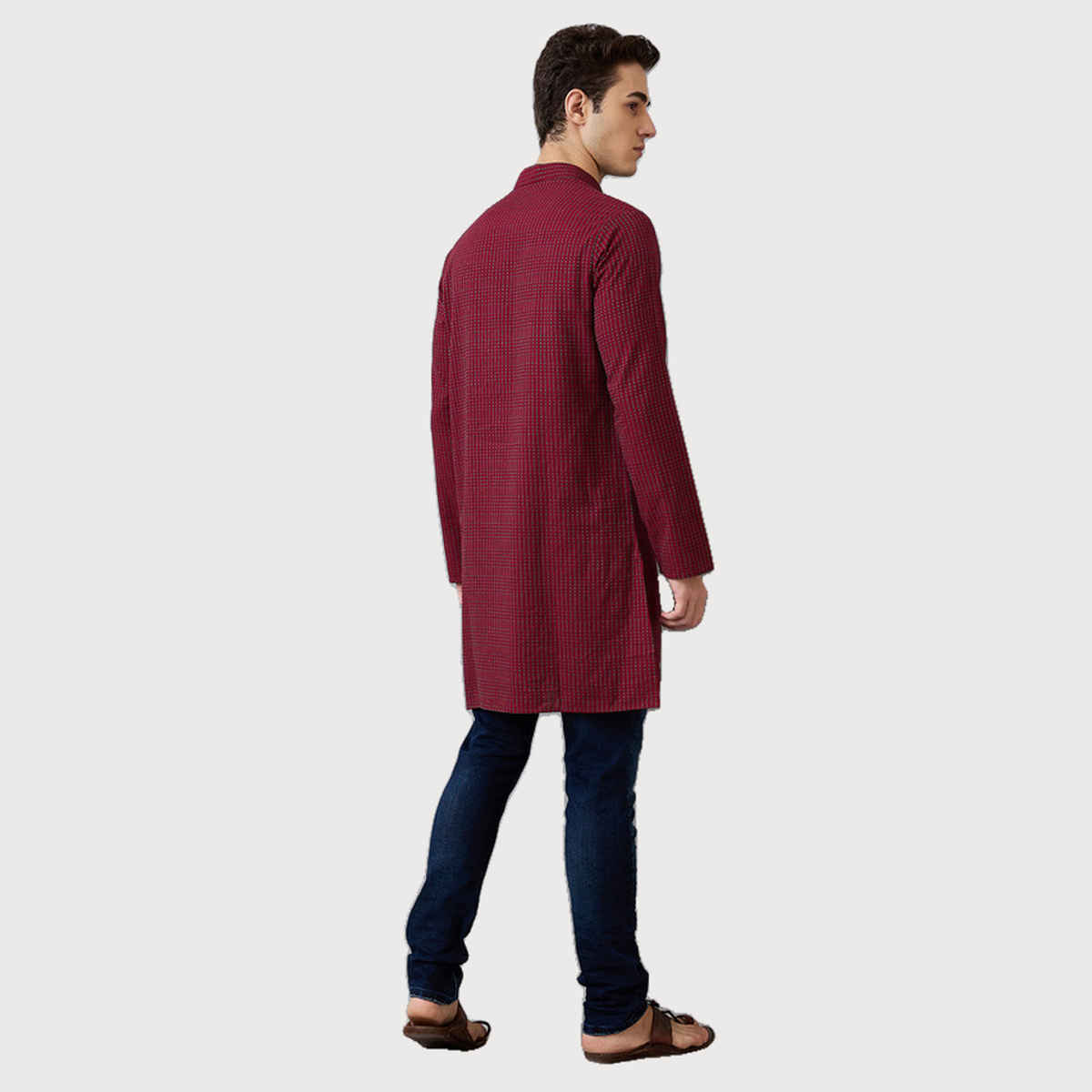 Ethnix by Raymond Men's Fit Pure Cotton Full Sleeve Folded Collar Short Kurta | Dark Maroon - M