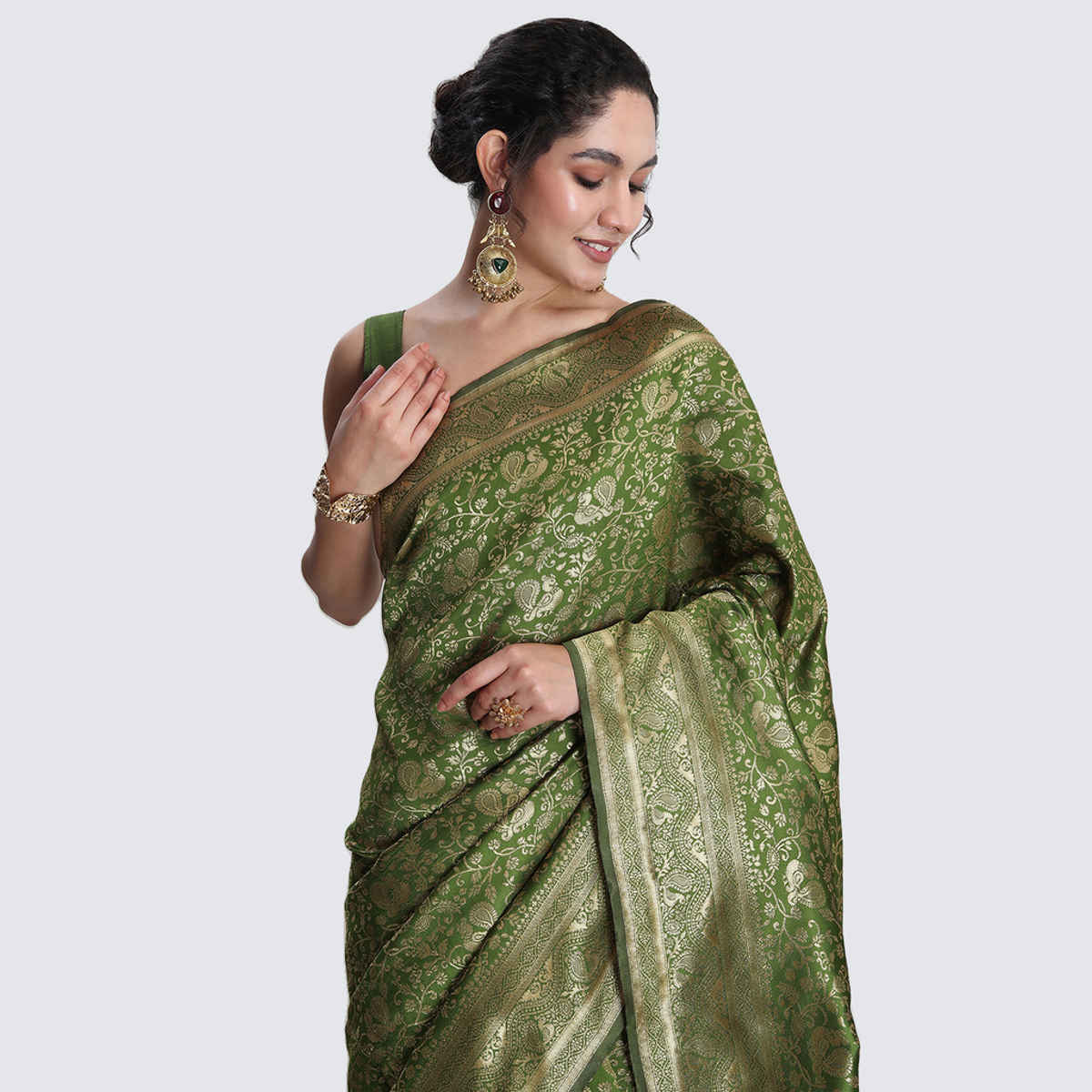 Janasya Women's Silk Blend Floral Woven Design Jacquard Saree with Blouse Piece | SAR656 | Green