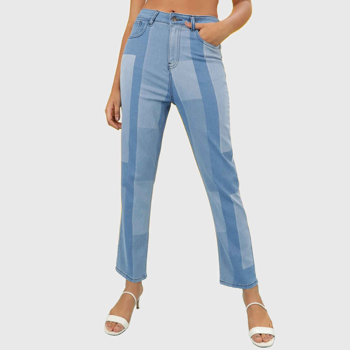 Freehand Women's Colour Block Straight Fit Denim Jeans | Blue - 28