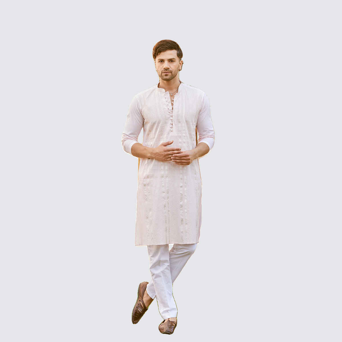 See Designs Men's Cotton Pintex Design Sequins Kurta | Pink - S