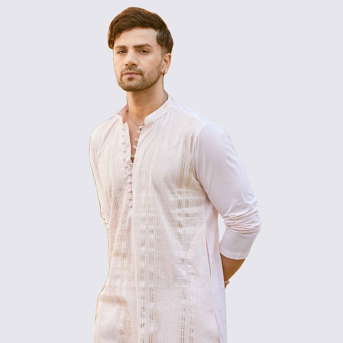 See Designs Men's Cotton Pintex Design Sequins Kurta | Pink - S