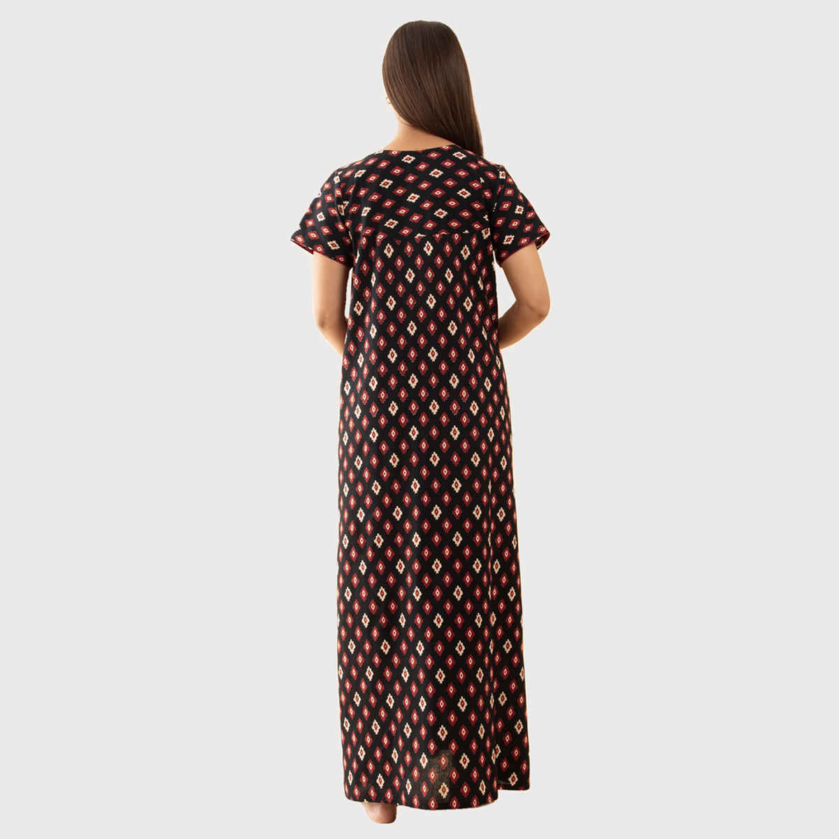 Maybell Women's Cotton Floral Printed Nighty | Black & Maroon - XXL