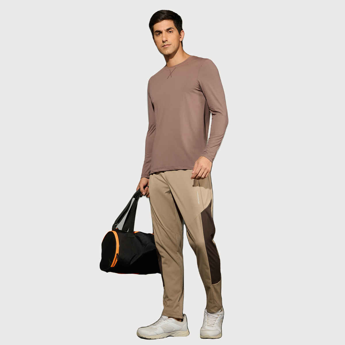 Technosport Men's Poly Solid Slim Fit Round Neck Full Sleeve Sports T-shirt | Deep Taupe - L