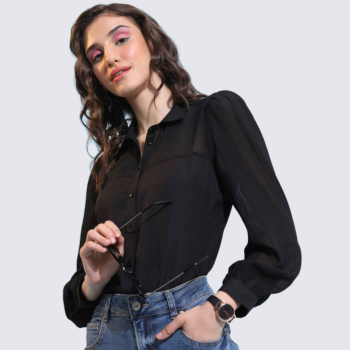 Tokyo Talkies Women's Collar Puff Sleeve Shirt Style Top | Black - L