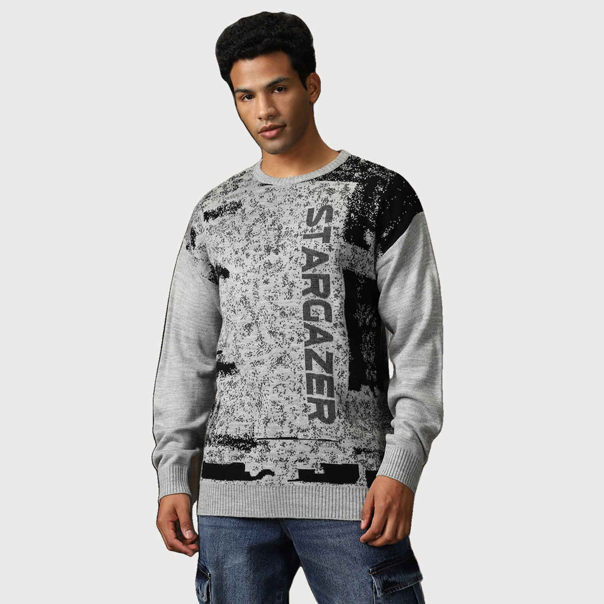 High Star Men's Abstract Pattern Relaxed Fit Pullover | Grey - M