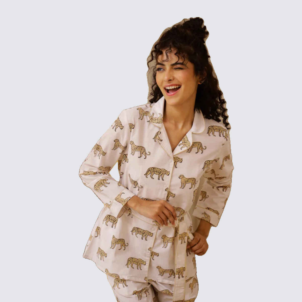 Sanskrutihomes Women Printed Lapel Collar Pure Cotton White Night Suit SE-NSP-646 | XL