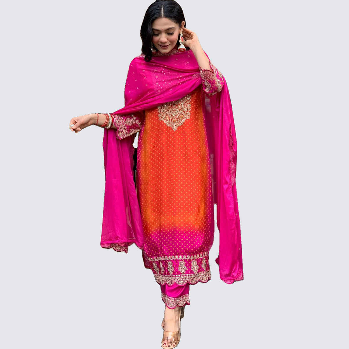 GoSriKi Women's Rayon Blend Straight Embroidered Kurta with Pant & Dupatta | LASIVAN | Pink - M