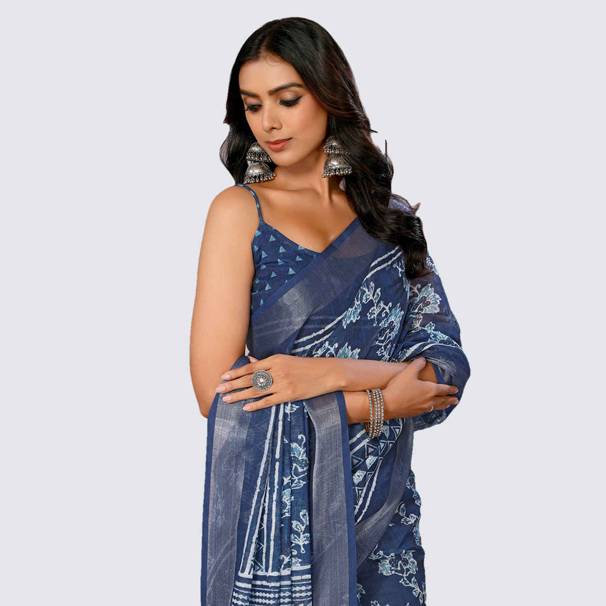 Janasya Women's Cotton Linen Floral Printed Saree with Blouse Piece | SAR444 | Navy Blue