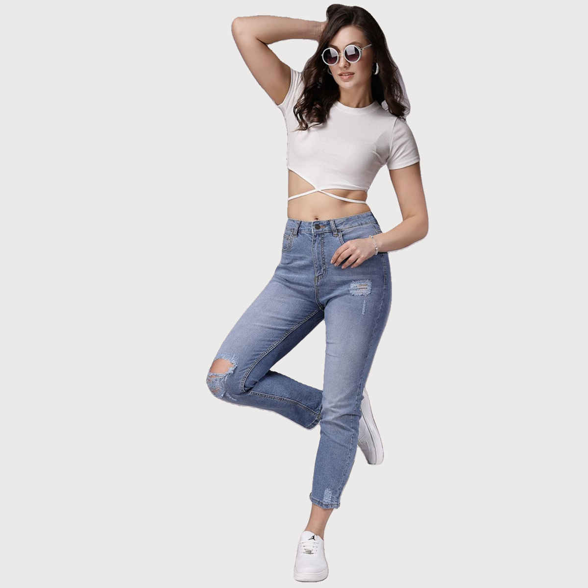 Freehand Women's Distressed Straight Fit Jeans | Blue - 28