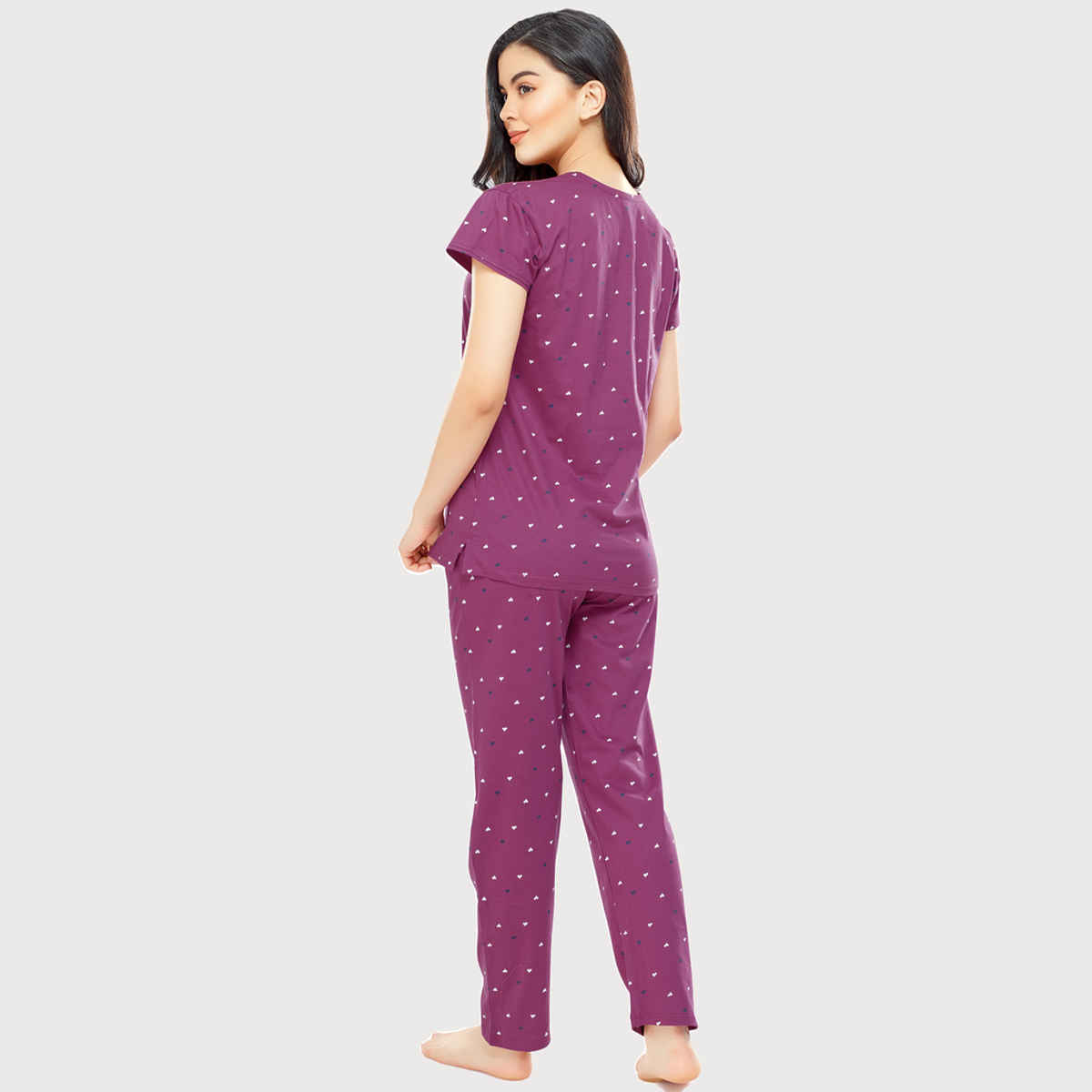Zeyo Women's Cotton Heart Printed Plum Red Night Suit Set of Top & Pyjama | 5302-L