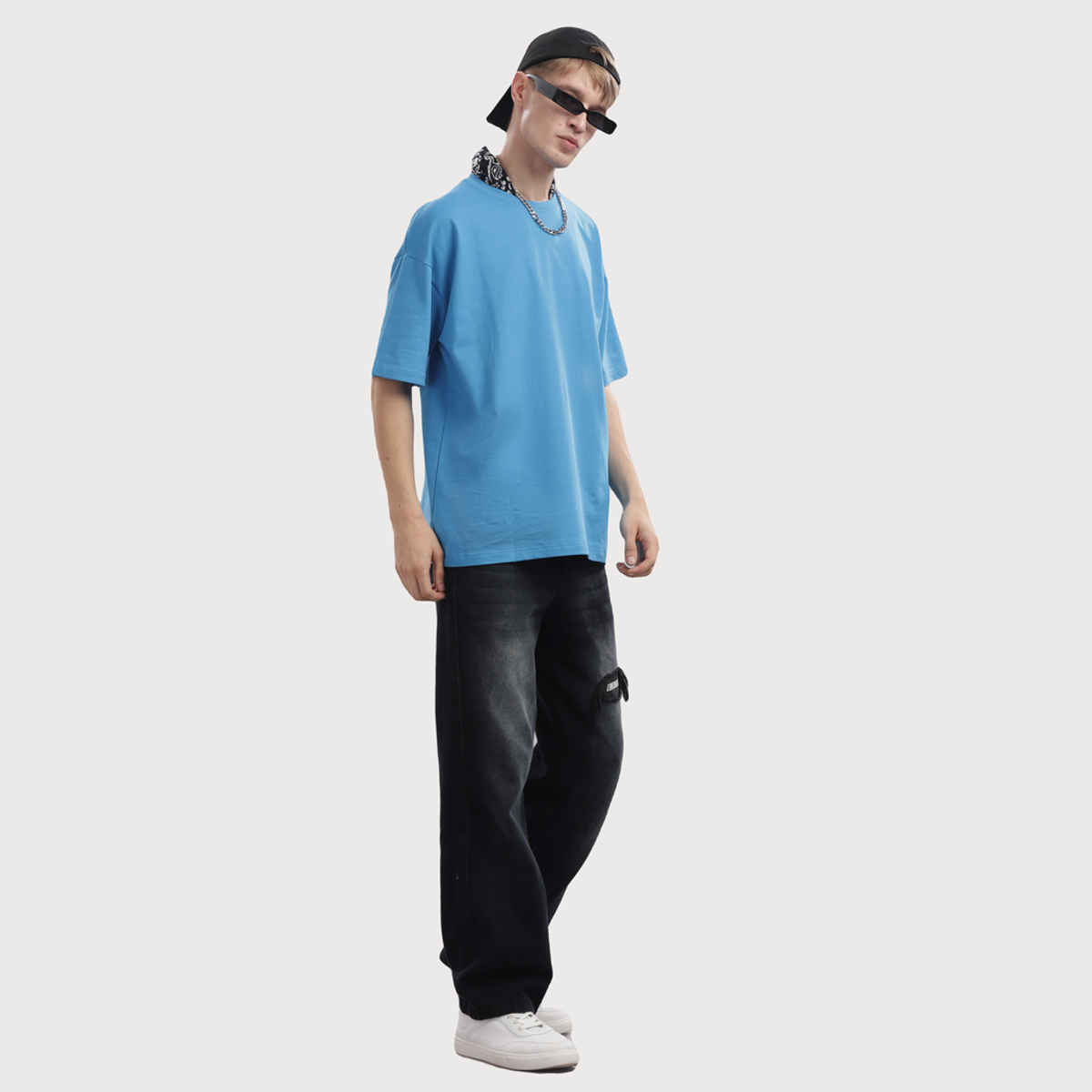 OUTLAWS Men's 100% Cotton Oversized T-Shirt | Half Sleeves | Round Neck | Blue - L