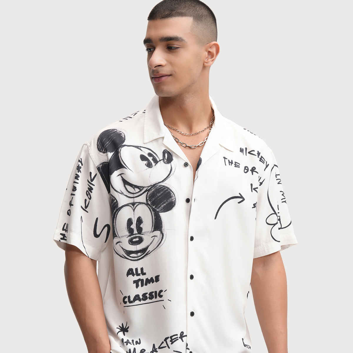 HIGHLANDER Men's Disney Mickey Printed Cuban Collar Viscose Relaxed Shirt | White - M