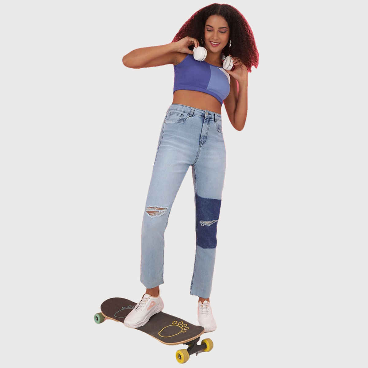Freehand Women's Colour Block Patch Straight Fit Denim Jeans | Blue - 28