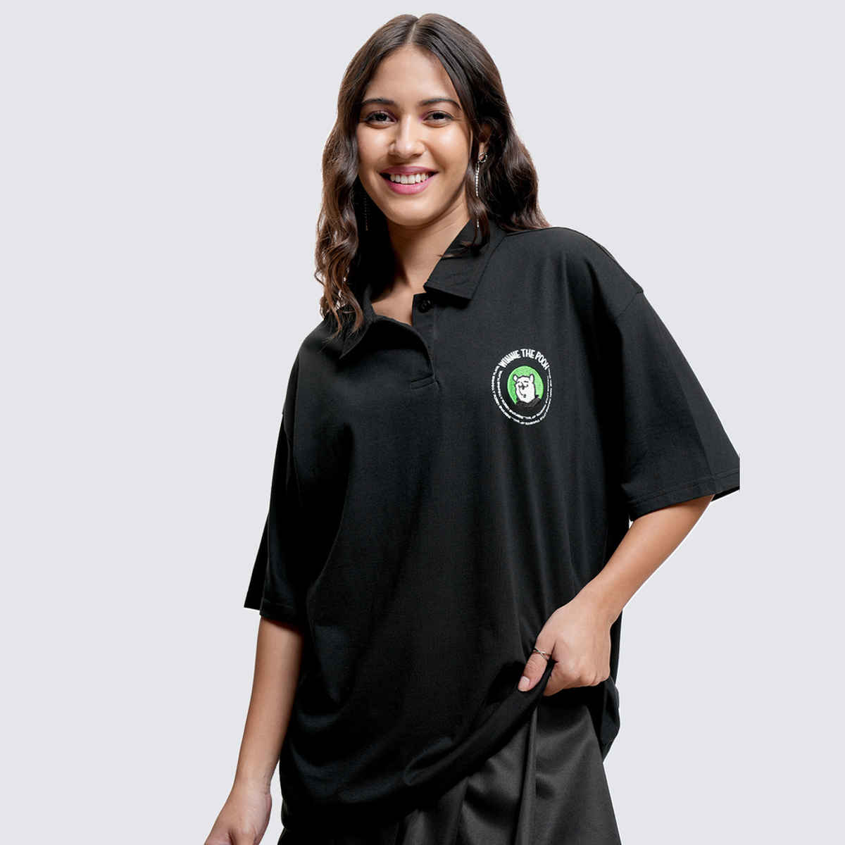 Tokyo Talkies Disney Women's Winnie The Pooh Polo Oversized T-shirt | Black - S