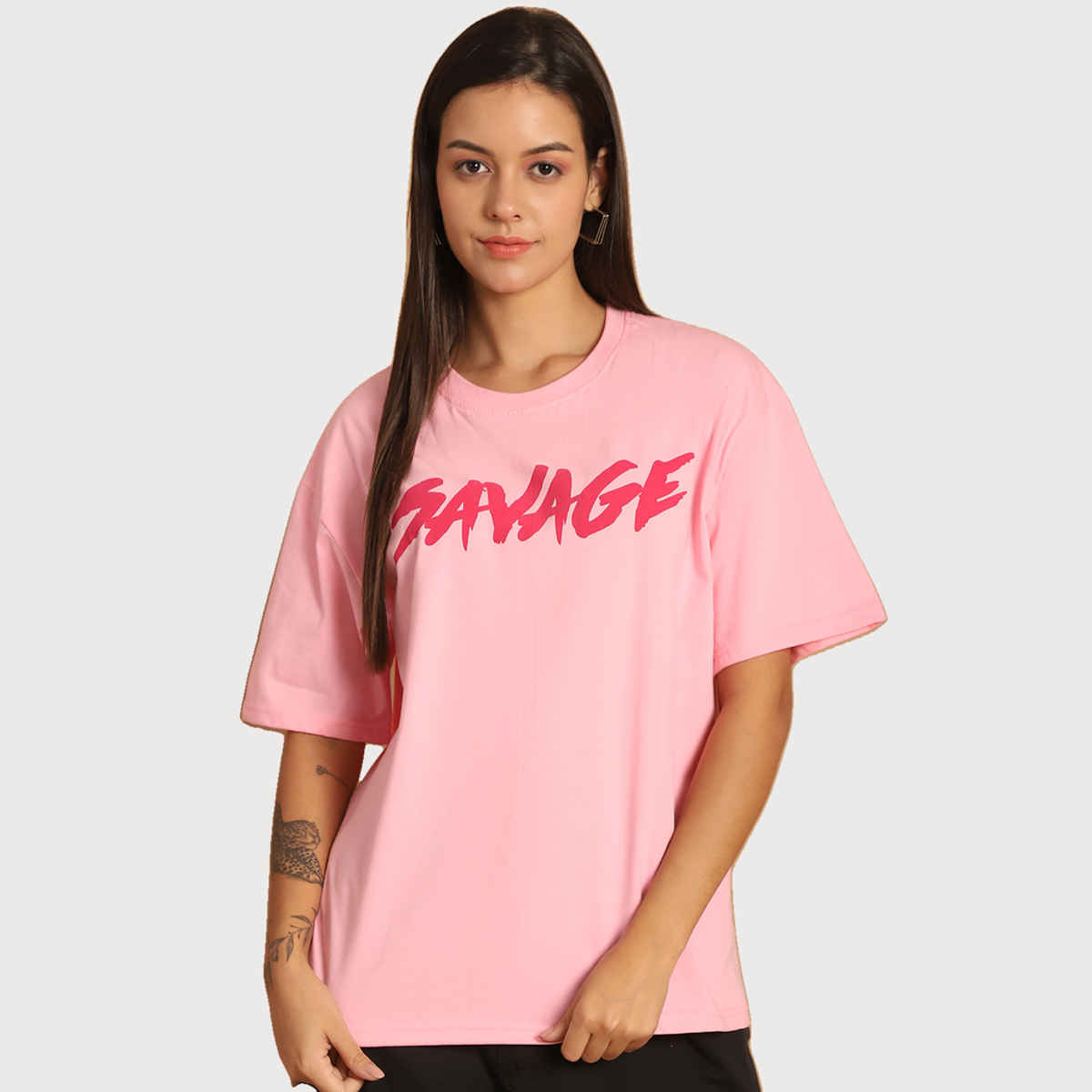 Fabflee Women Oversize Cotton Printed Round Neck Tshirt | Pink | FAB-OS-509 | M