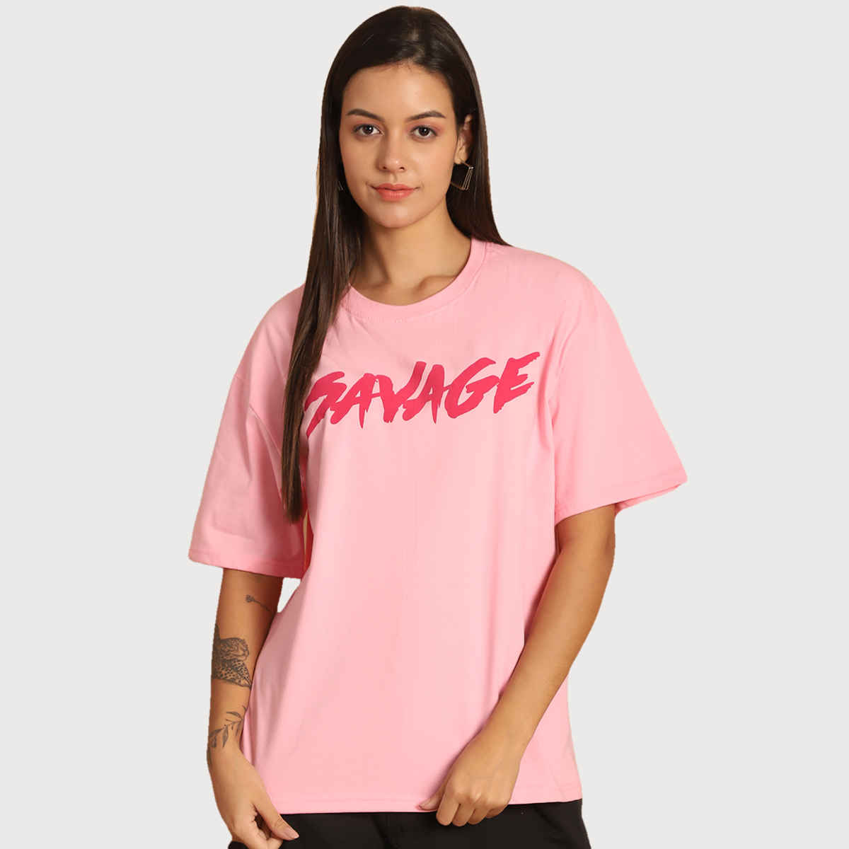 Fabflee Women Oversize Cotton Printed Round Neck Tshirt | Pink | FAB-OS-509 | S